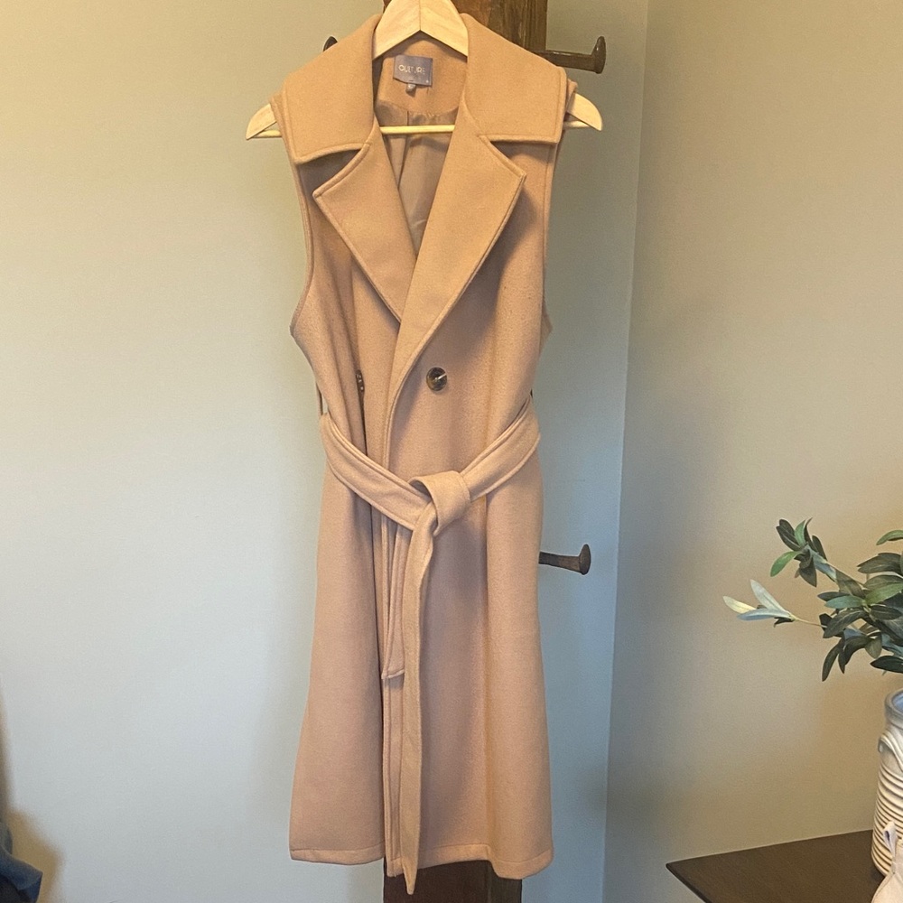 Sleeveless Belted Maxi Sleeveless Vest Coat in Camel